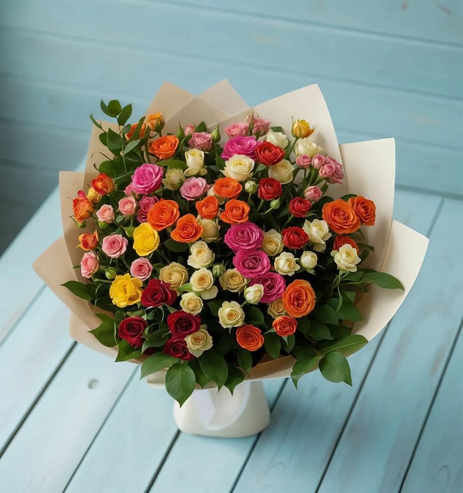 Букет Микс из разноцветных кустовых роз в Каменногорске