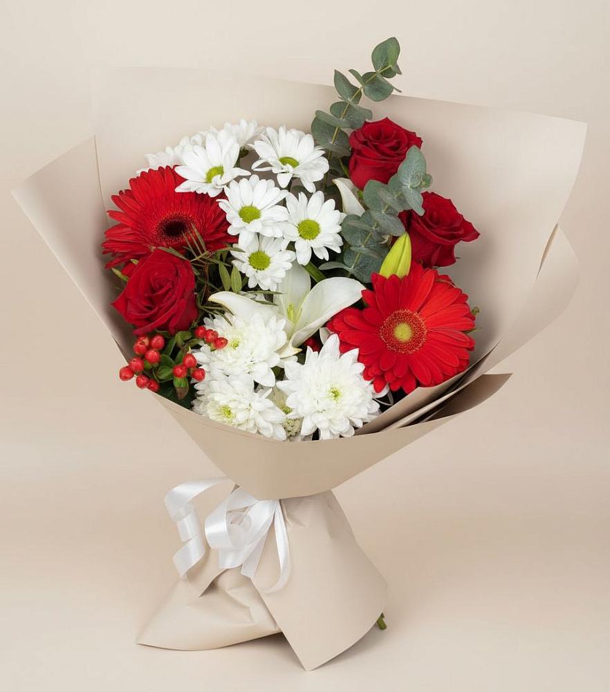 Букет цветов из: Розы, Хризантемы, Герберы и Лилии в Каменногорске