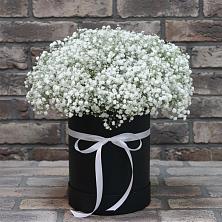 Цветочная композиция из Гипсофила в шляпной коробке в Каменногорске