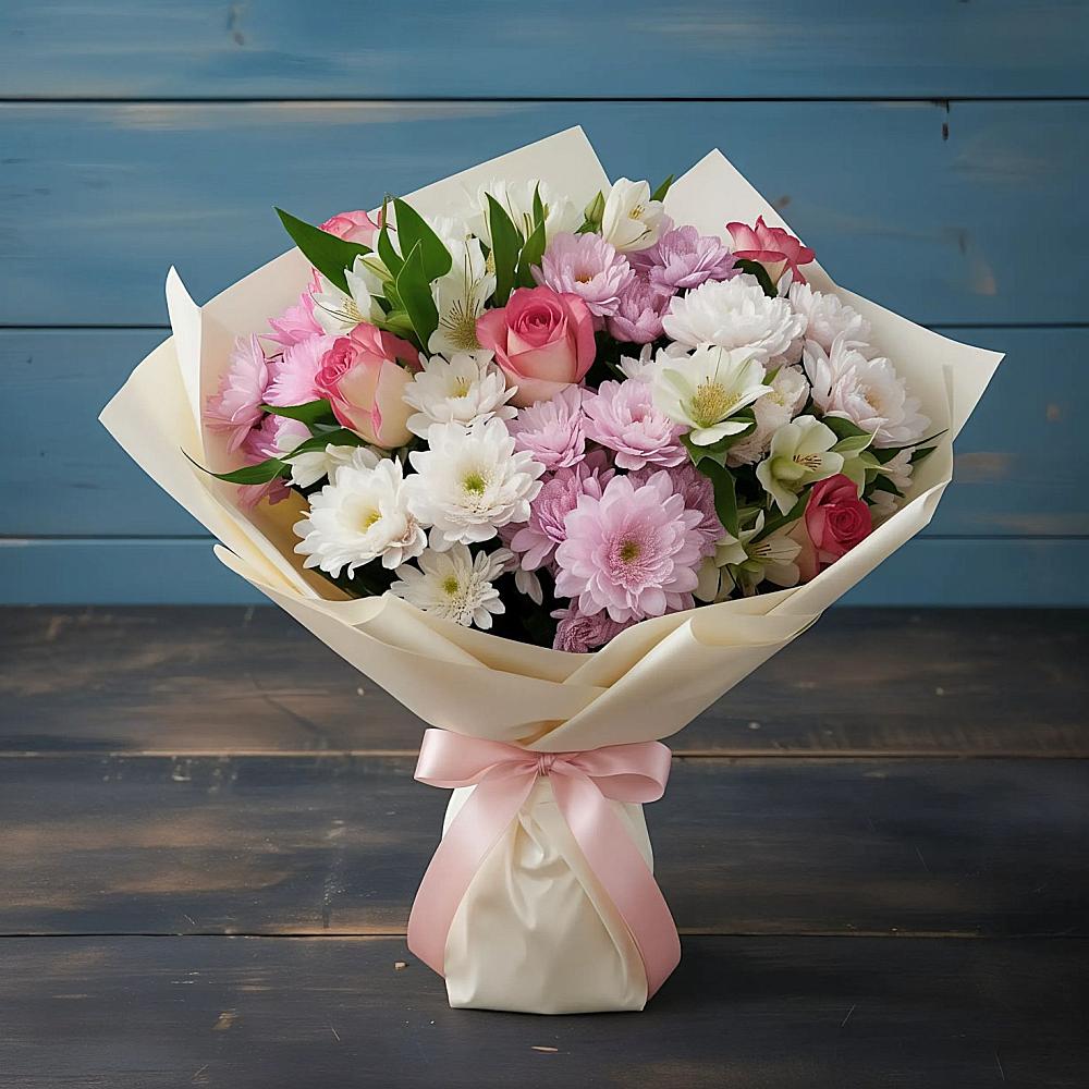 Букет цветов из: Хризантемы, Альстромерии и Розы в Каменногорске